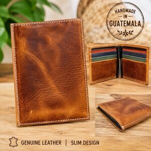 NWT Artisan Handmade Men Bifold Genuine Leather Wallet Brown Card Holder